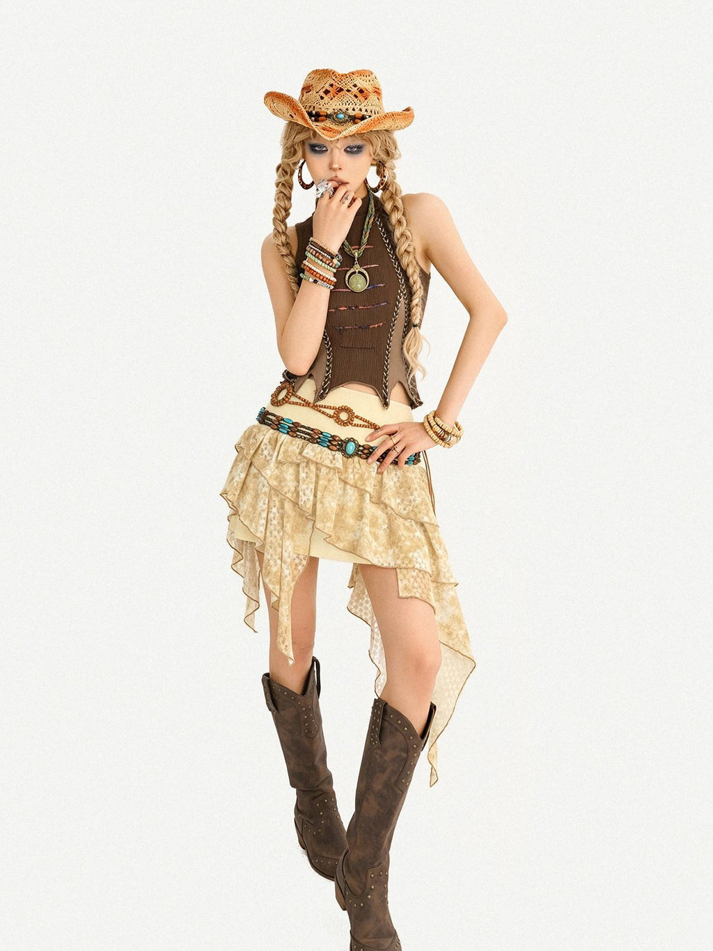Nico Molly Retro Hippie Asymmetric High Waist Cake Skirt Women's Top & Skirt Sets