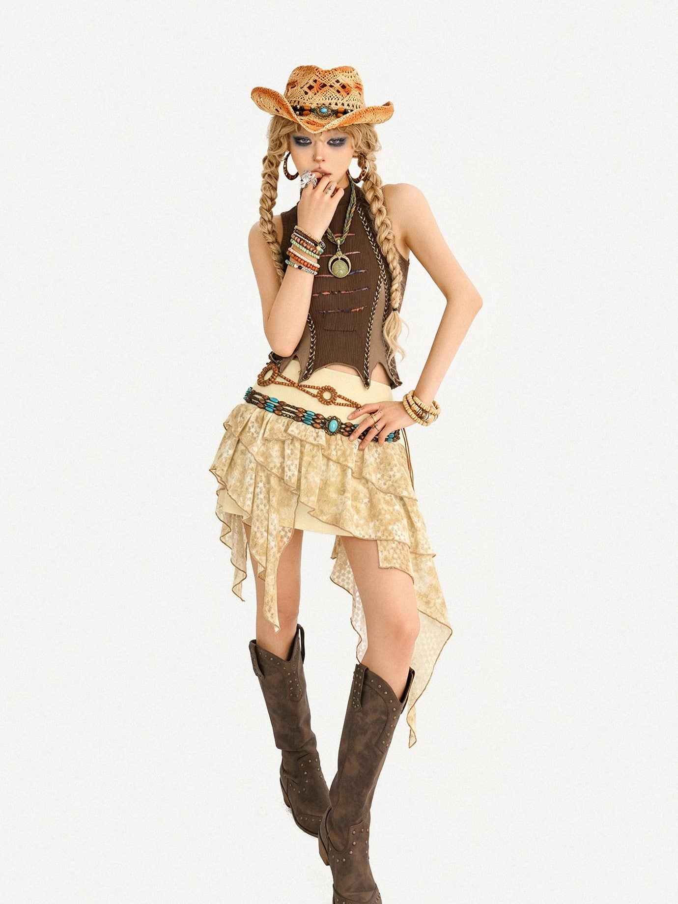 Nico Molly Retro Hippie Asymmetric High Waist Cake Skirt Women's Top & Skirt Sets