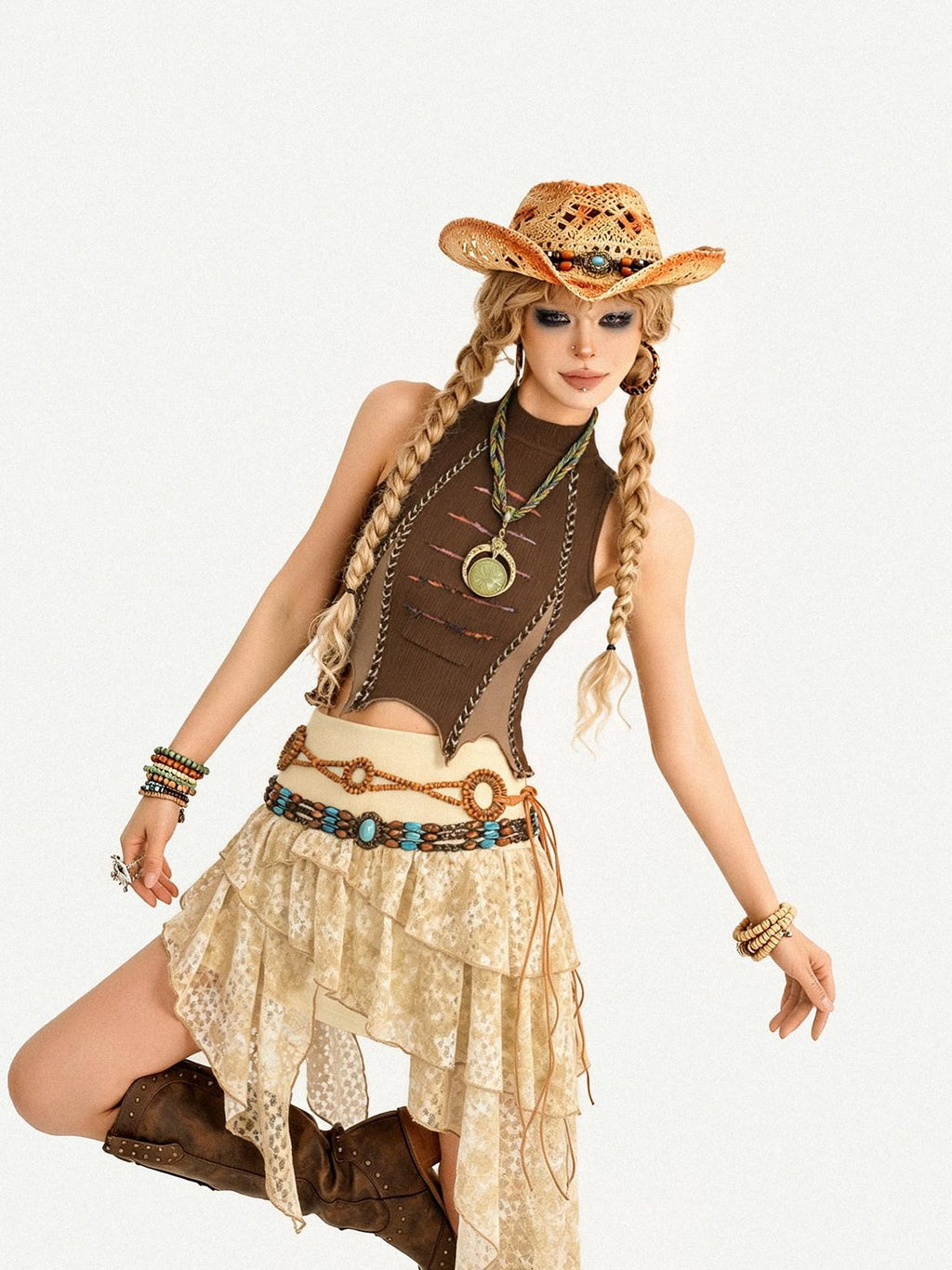 Nico Molly Retro Hippie Asymmetric High Waist Cake Skirt Women's Top & Skirt Sets