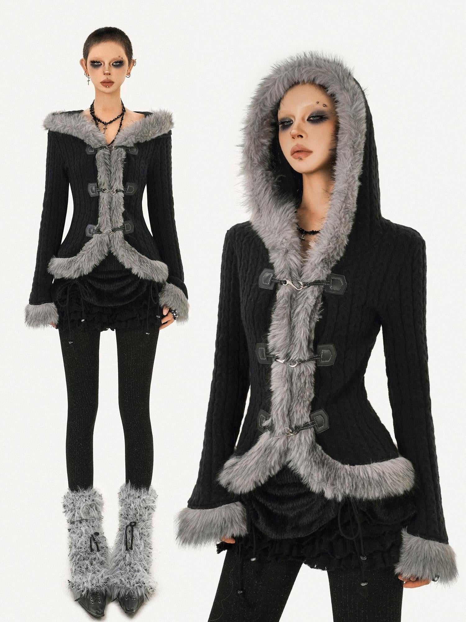 Nico Molly Retro Hooded Fur Collar Bell Sleeve Waist Women's Knit Casual Jackets