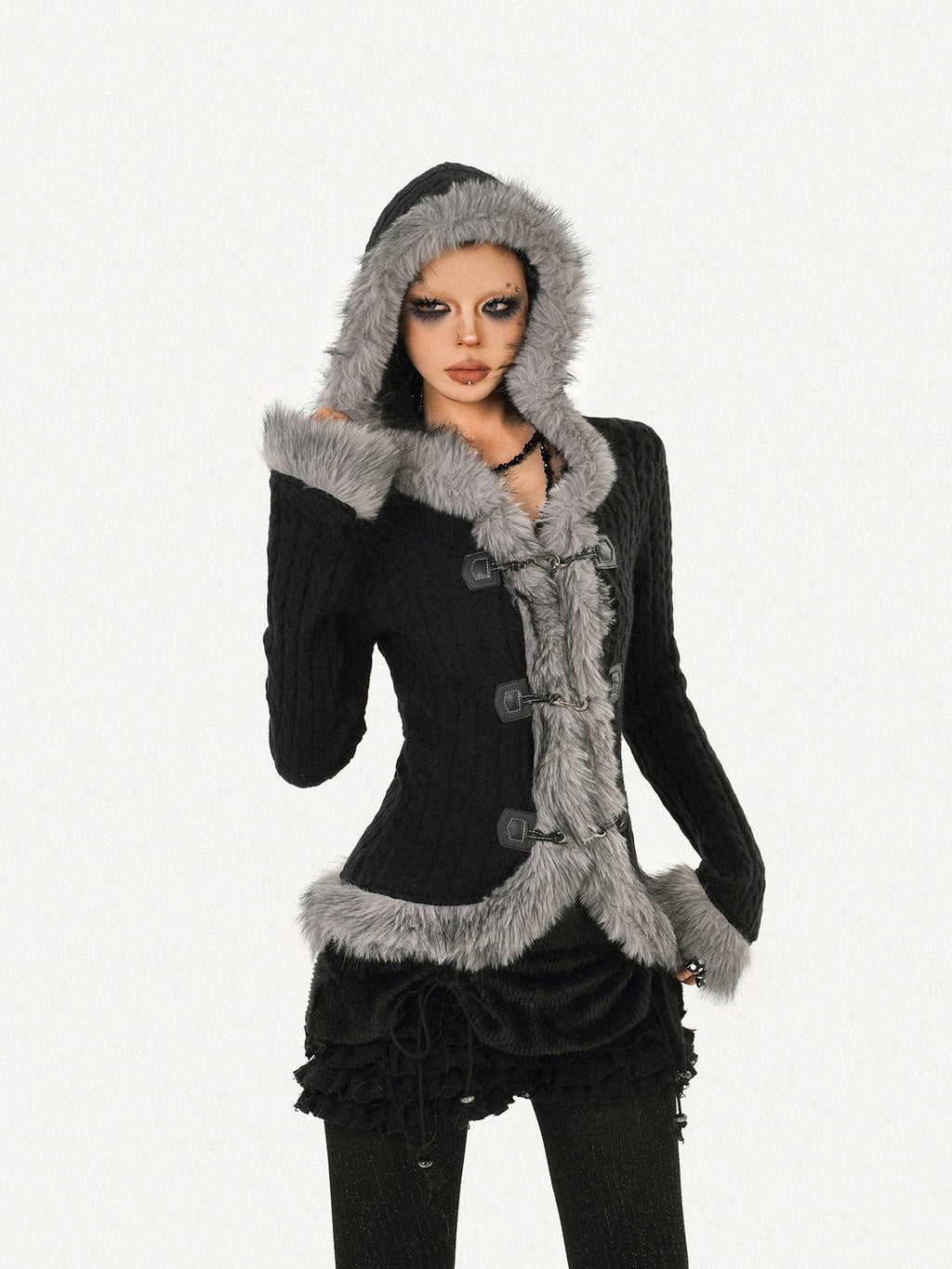 Nico Molly Retro Hooded Fur Collar Bell Sleeve Waist Women's Knit Casual Jackets