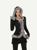 Nico Molly Retro Hooded Fur Collar Bell Sleeve Waist Women's Knit Casual Jackets