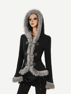 Nico Molly Retro Hooded Fur Collar Bell Sleeve Waist Women's Knit Casual Jackets