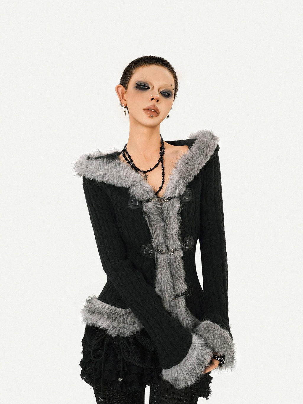 Nico Molly Retro Hooded Fur Collar Bell Sleeve Waist Women's Knit Casual Jackets