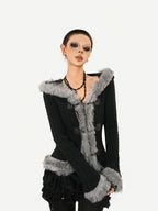 Nico Molly Retro Hooded Fur Collar Bell Sleeve Waist Women's Knit Casual Jackets