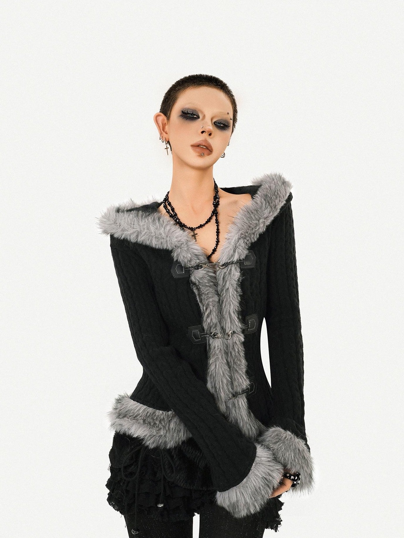 Nico Molly Retro Hooded Fur Collar Bell Sleeve Waist Women's Knit Casual Jackets