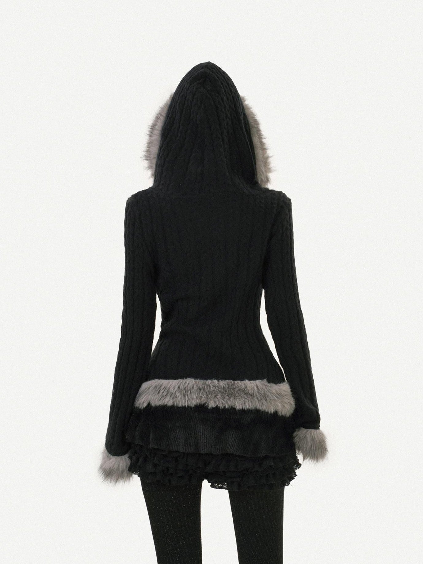 Nico Molly Retro Hooded Fur Collar Bell Sleeve Waist Women's Knit Casual Jackets