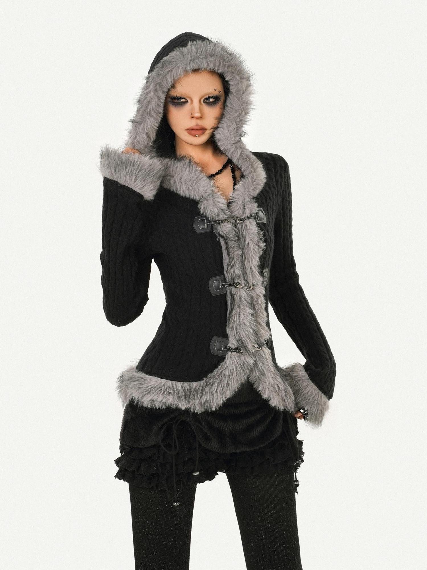 Nico Molly Retro Hooded Fur Collar Bell Sleeve Waist Women's Knit Casual Jackets
