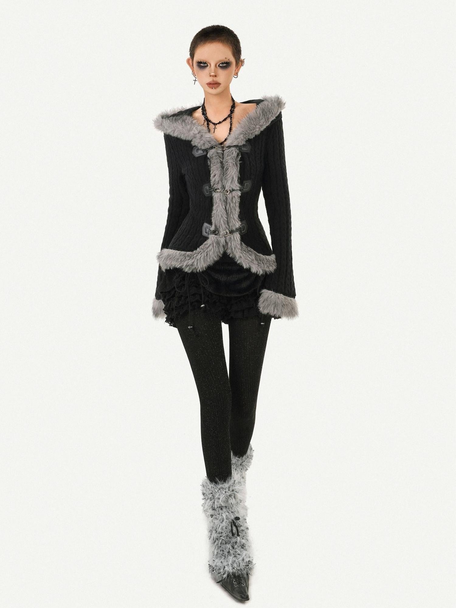 Nico Molly Retro Hooded Fur Collar Bell Sleeve Waist Women's Knit Casual Jackets