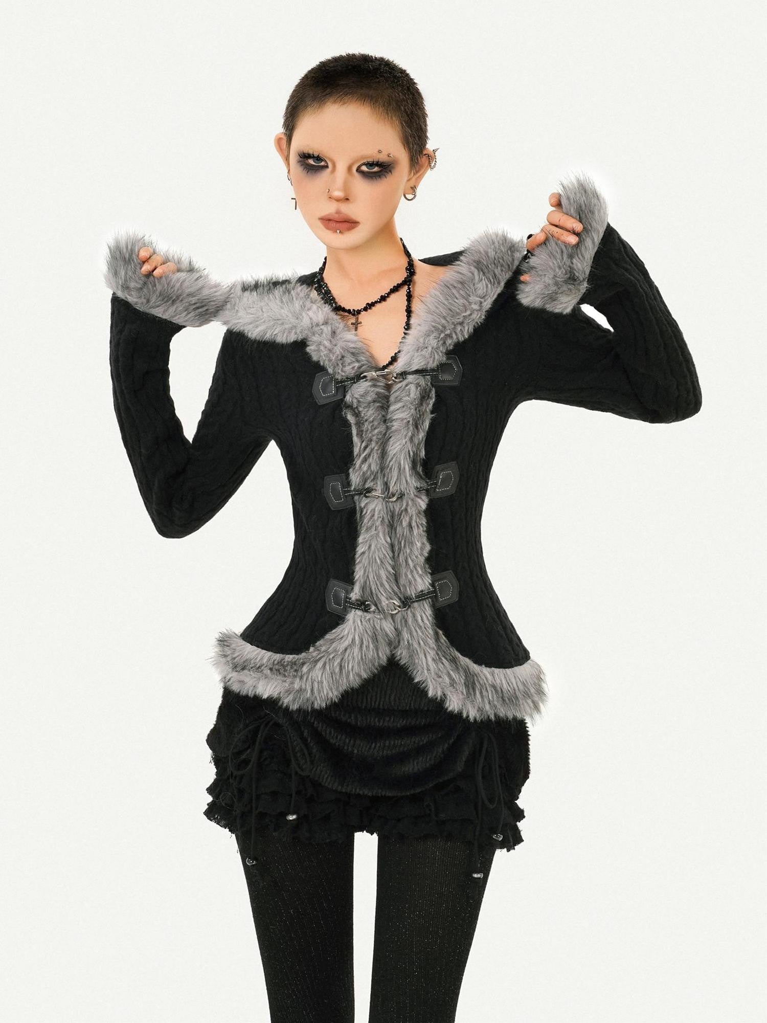 Nico Molly Retro Hooded Fur Collar Bell Sleeve Waist Women's Knit Casual Jackets