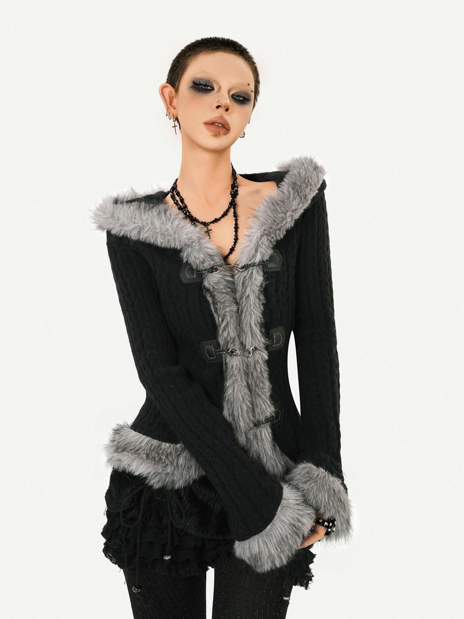 Nico Molly Retro Hooded Fur Collar Bell Sleeve Waist Women's Knit Casual Jackets