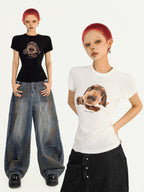 Nico Molly Retro Puppy Print Slim Fit Crew Neck Women's Short Sleeve T-shirts