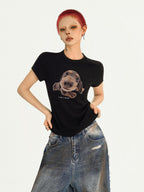 Nico Molly Retro Puppy Print Slim Fit Crew Neck Women's Short Sleeve T-shirts