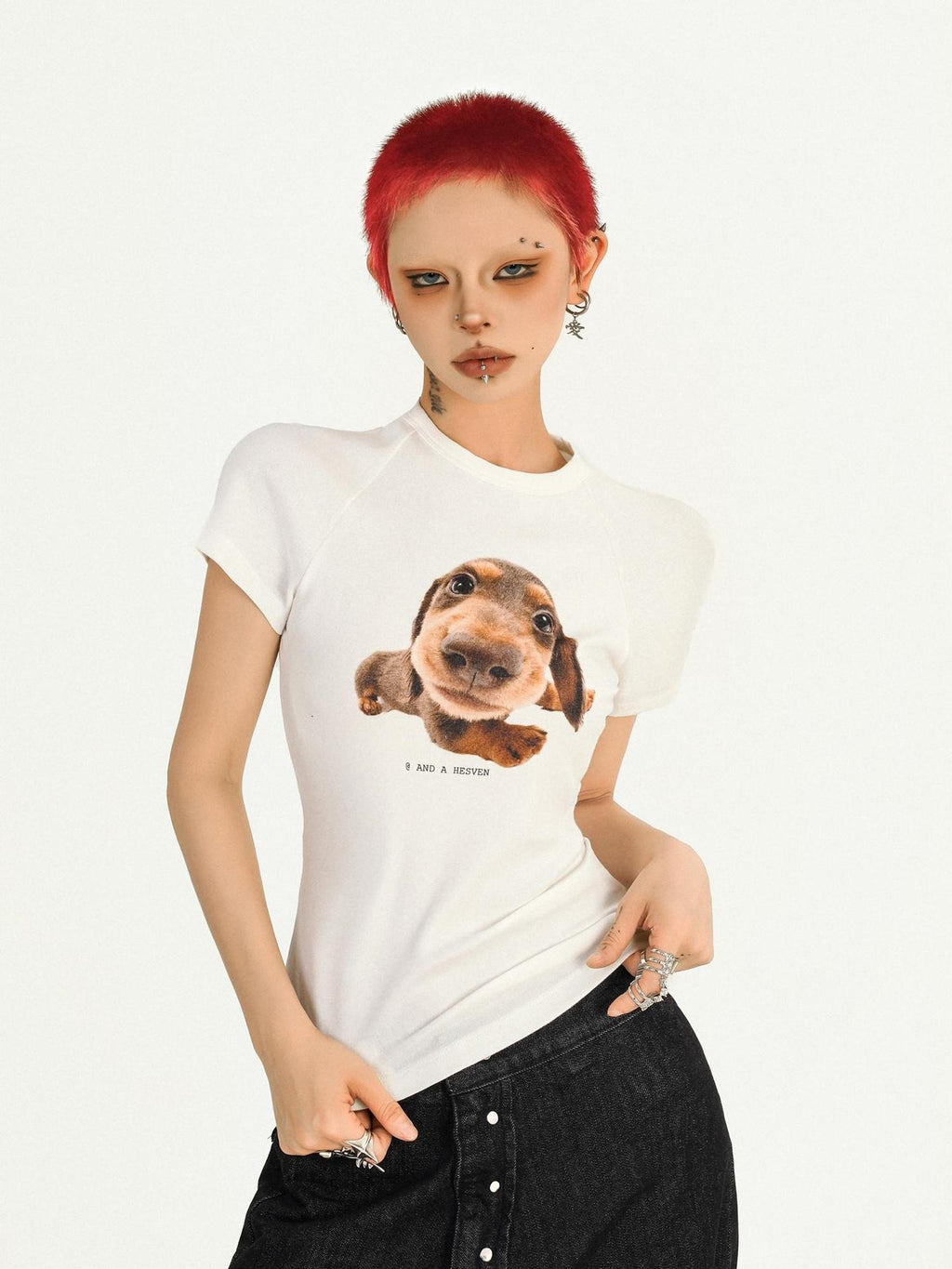 Nico Molly Retro Puppy Print Slim Fit Crew Neck Women's Short Sleeve T-shirts
