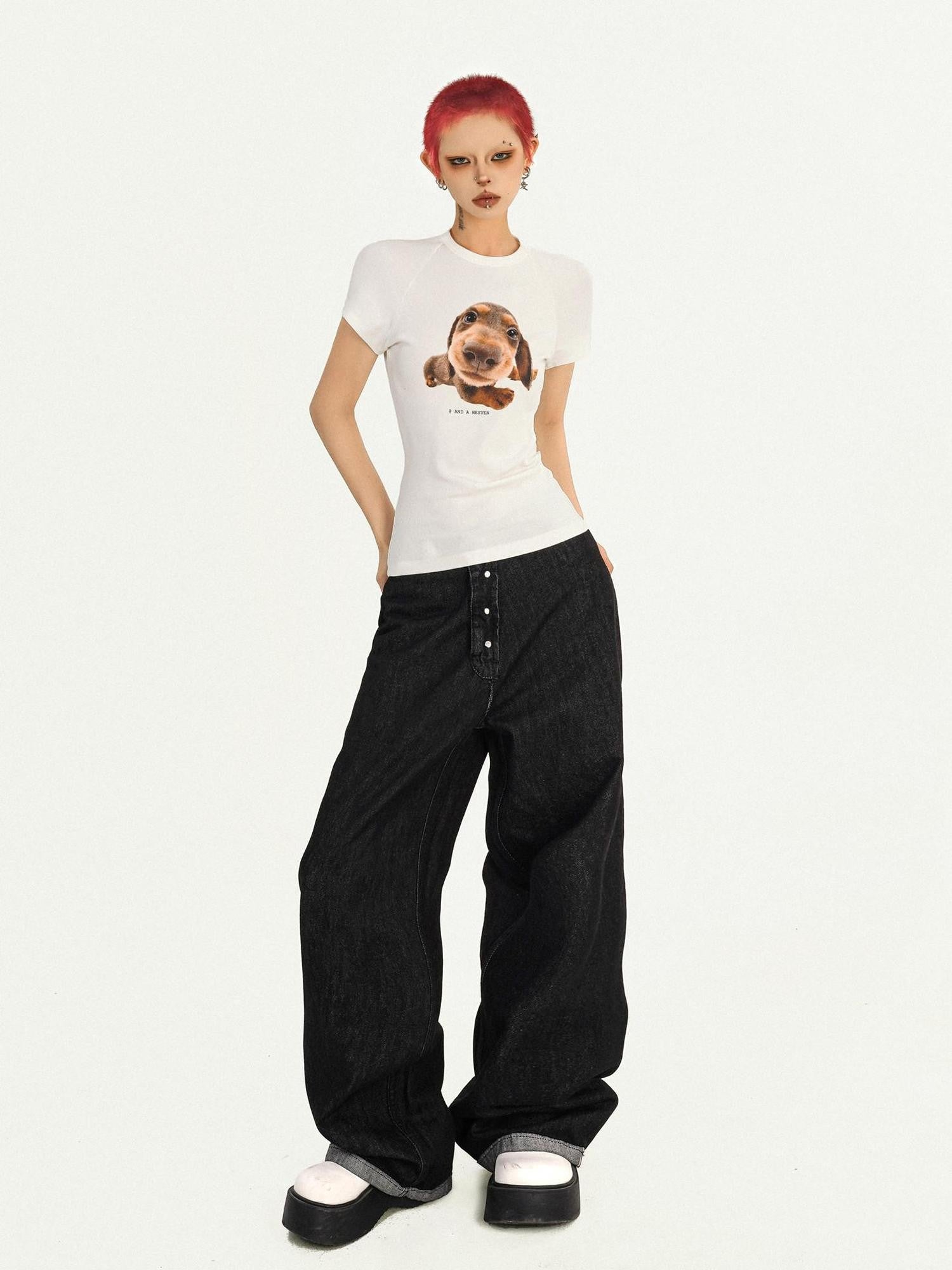 Nico Molly Retro Puppy Print Slim Fit Crew Neck Women's Short Sleeve T-shirts