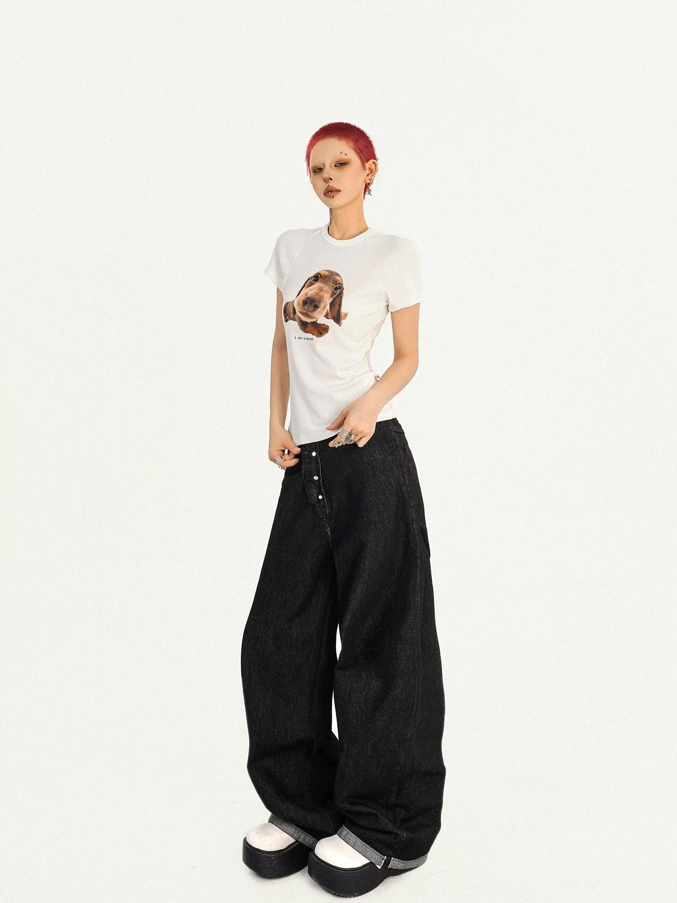 Nico Molly Retro Puppy Print Slim Fit Crew Neck Women's Short Sleeve T-shirts