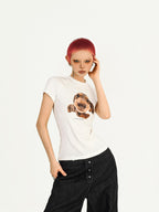 Nico Molly Retro Puppy Print Slim Fit Crew Neck Women's Short Sleeve T-shirts