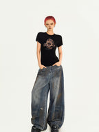 Nico Molly Retro Puppy Print Slim Fit Crew Neck Women's Short Sleeve T-shirts