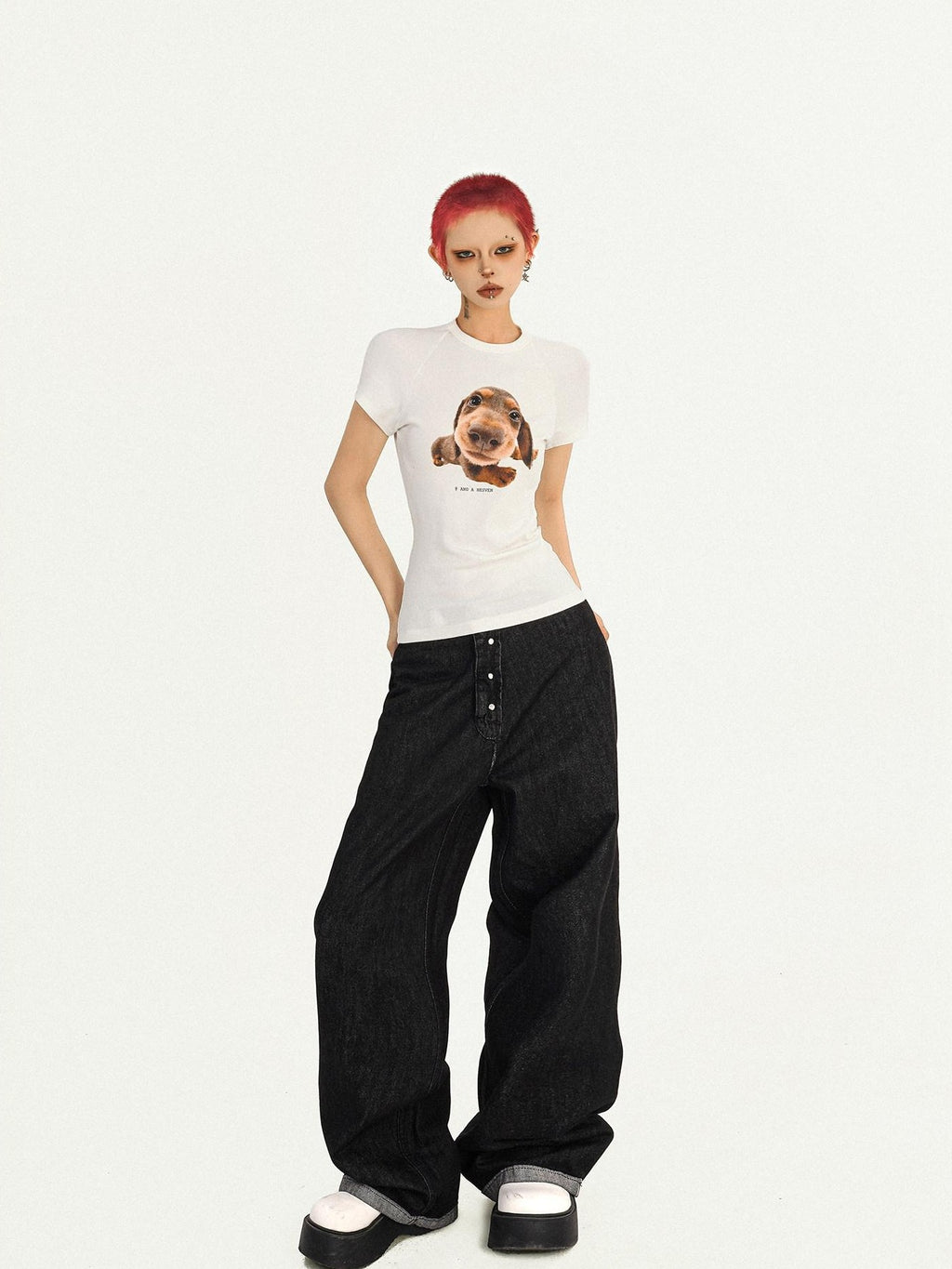Nico Molly Retro Puppy Print Slim Fit Crew Neck Women's Short Sleeve T-shirts