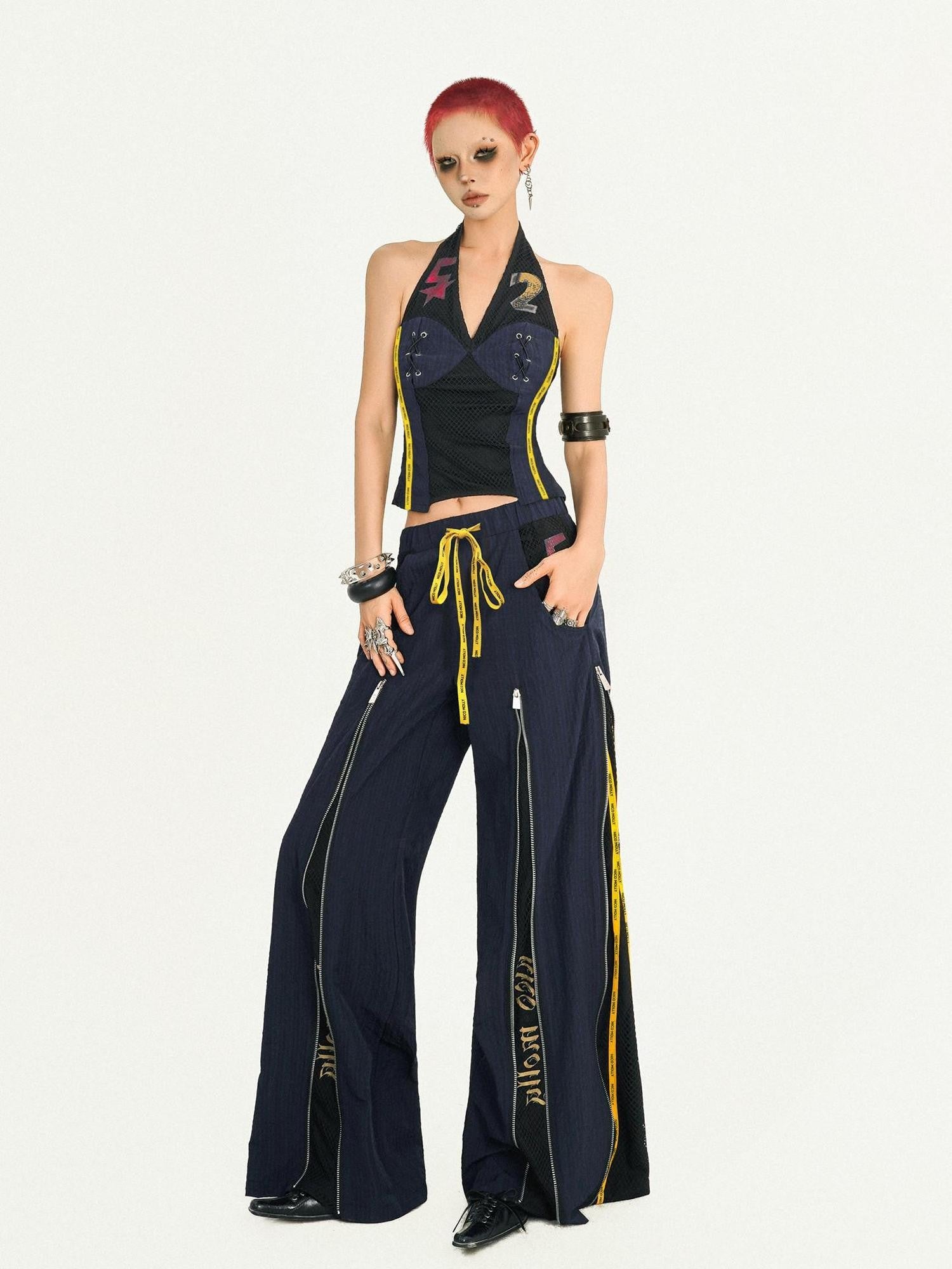 Nico Molly Retro Sporty Jersey Sleeveless Fitted Vest Straight Leg Women's Top & Pants Sets