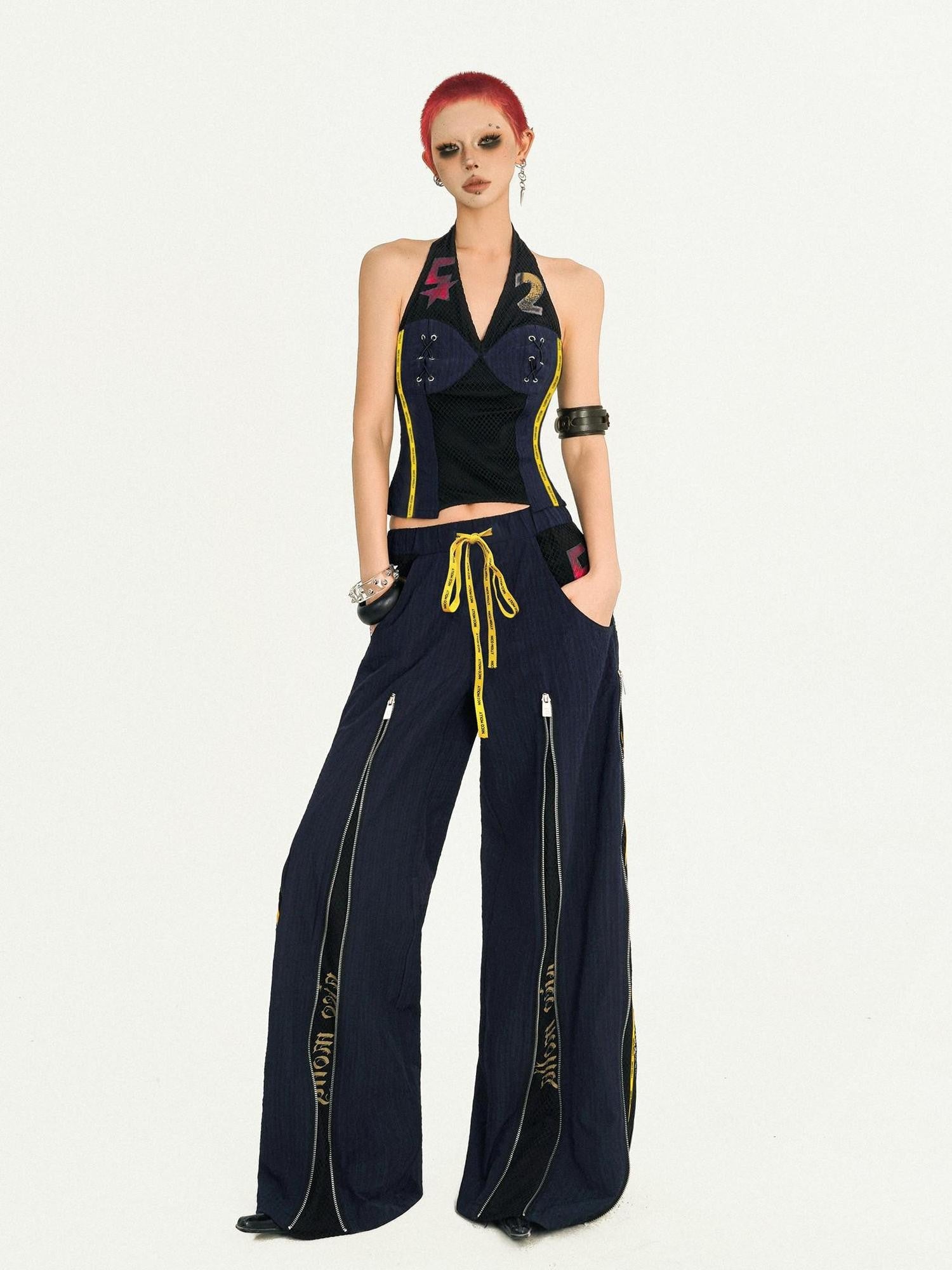 Nico Molly Retro Sporty Jersey Sleeveless Fitted Vest Straight Leg Women's Top & Pants Sets