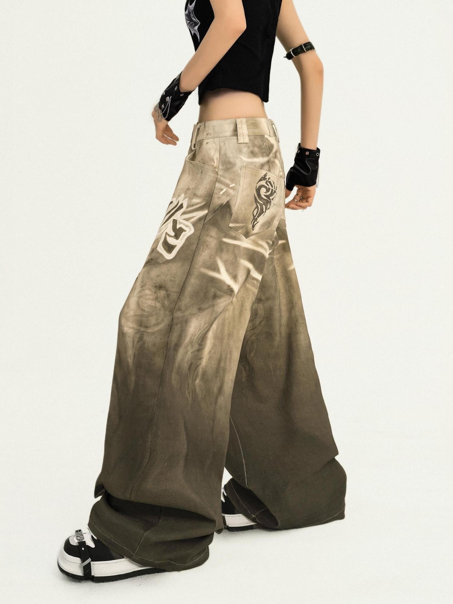 Nico Molly Retro Street Printed Letter Women's Light Brown Denim Wide-leg Jeans