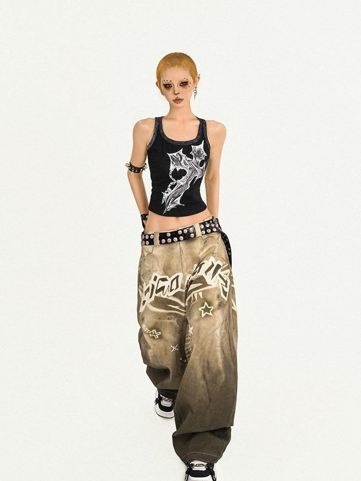 Nico Molly Retro Street Printed Letter Women's Light Brown Denim Wide-leg Jeans