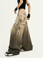 Nico Molly Retro Street Printed Letter Women's Light Brown Denim Wide-leg Jeans