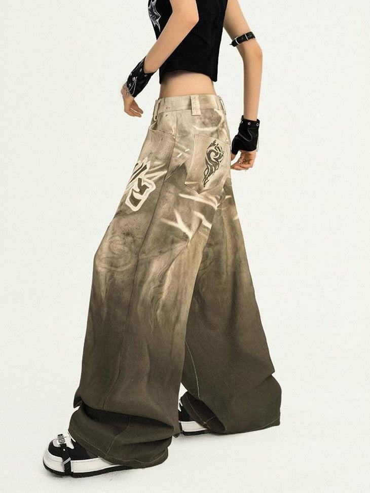 Nico Molly Retro Street Printed Letter Women's Light Brown Denim Wide-leg Jeans