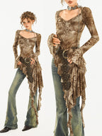 Nico Molly Retro Tie Dye Asymmetric Bell Sleeve Women's Polyester Long Sleeve T-shirts