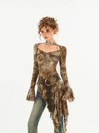 Nico Molly Retro Tie Dye Asymmetric Bell Sleeve Women's Polyester Long Sleeve T-shirts