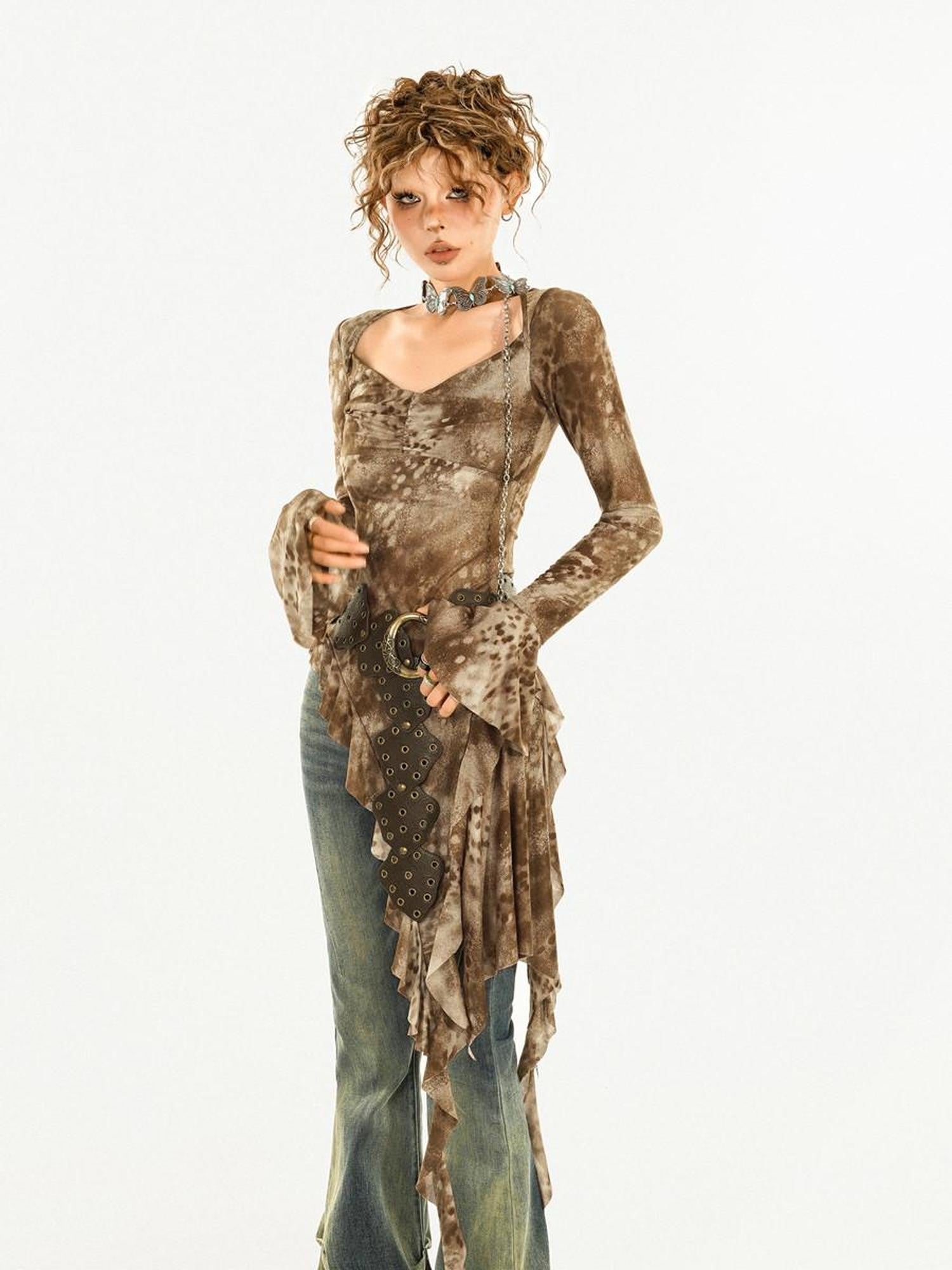Nico Molly Retro Tie Dye Asymmetric Bell Sleeve Women's Polyester Long Sleeve T-shirts