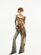 Nico Molly Retro Tie Dye Asymmetric Bell Sleeve Women's Polyester Long Sleeve T-shirts
