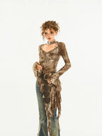 Nico Molly Retro Tie Dye Asymmetric Bell Sleeve Women's Polyester Long Sleeve T-shirts