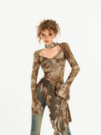 Nico Molly Retro Tie Dye Asymmetric Bell Sleeve Women's Polyester Long Sleeve T-shirts