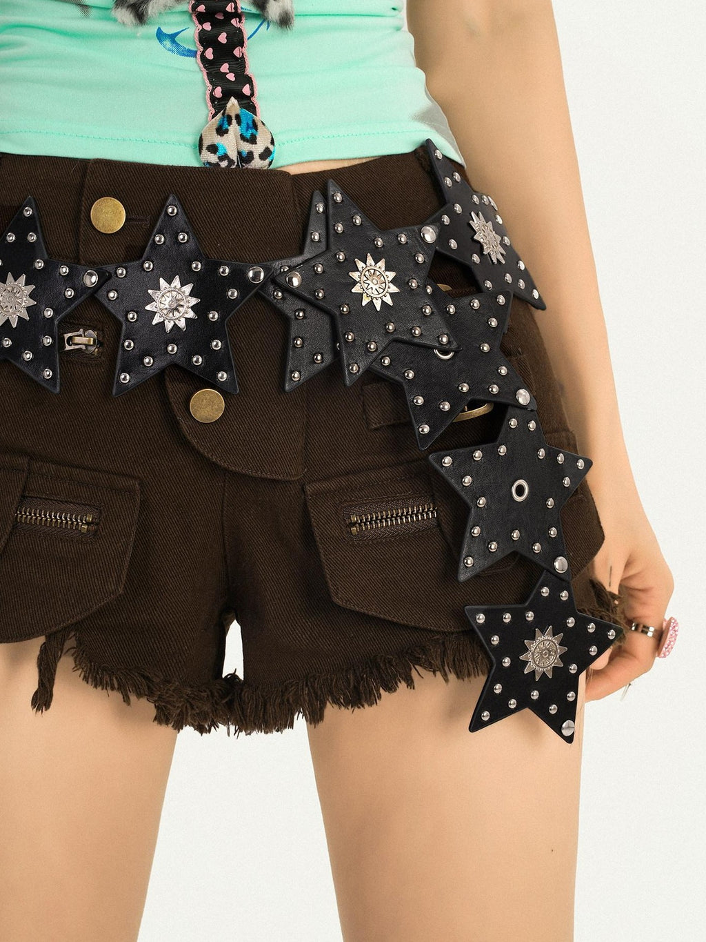 Nico Molly Retro Vintage Punk Street Five Point Star Studded Hip Hop Women's Black Belts