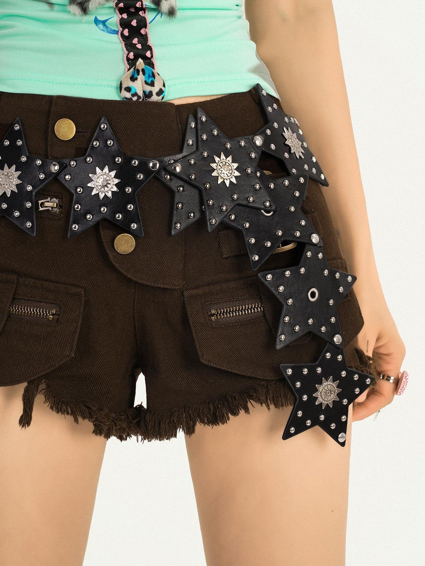 Nico Molly Retro Vintage Punk Street Five Point Star Studded Hip Hop Women's Black Belts
