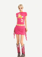 Nico Molly Rose Red Lace Up Low Waist Back Zip Bodycon Women's Faux Leather Mini Skirts