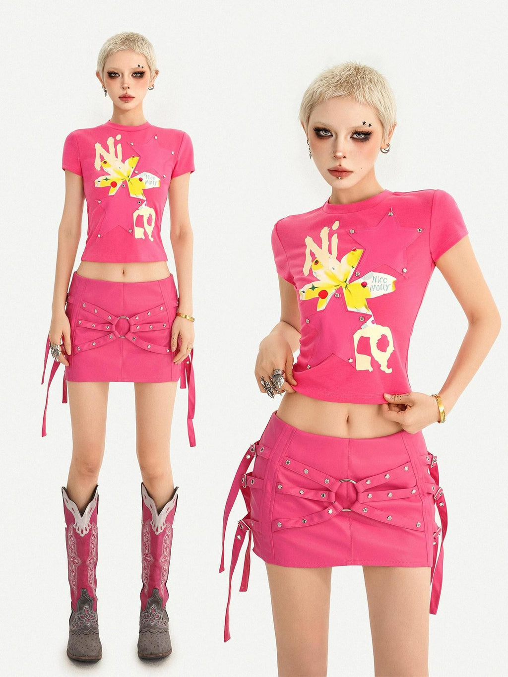 Nico Molly Rose Red Star Print Studded Cropped Slim Fit Women's Short Sleeve T-shirts