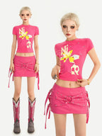 Nico Molly Rose Red Star Print Studded Cropped Slim Fit Women's Short Sleeve T-shirts