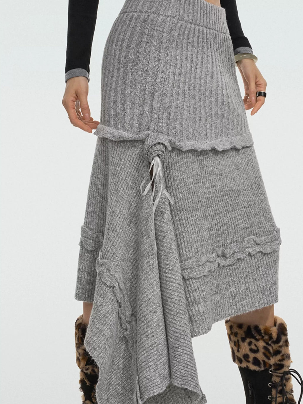 Nico Molly Rose Ribbon Asymmetric Vintage A Line Women's Knitted Solid Midwaist Maxi Skirts