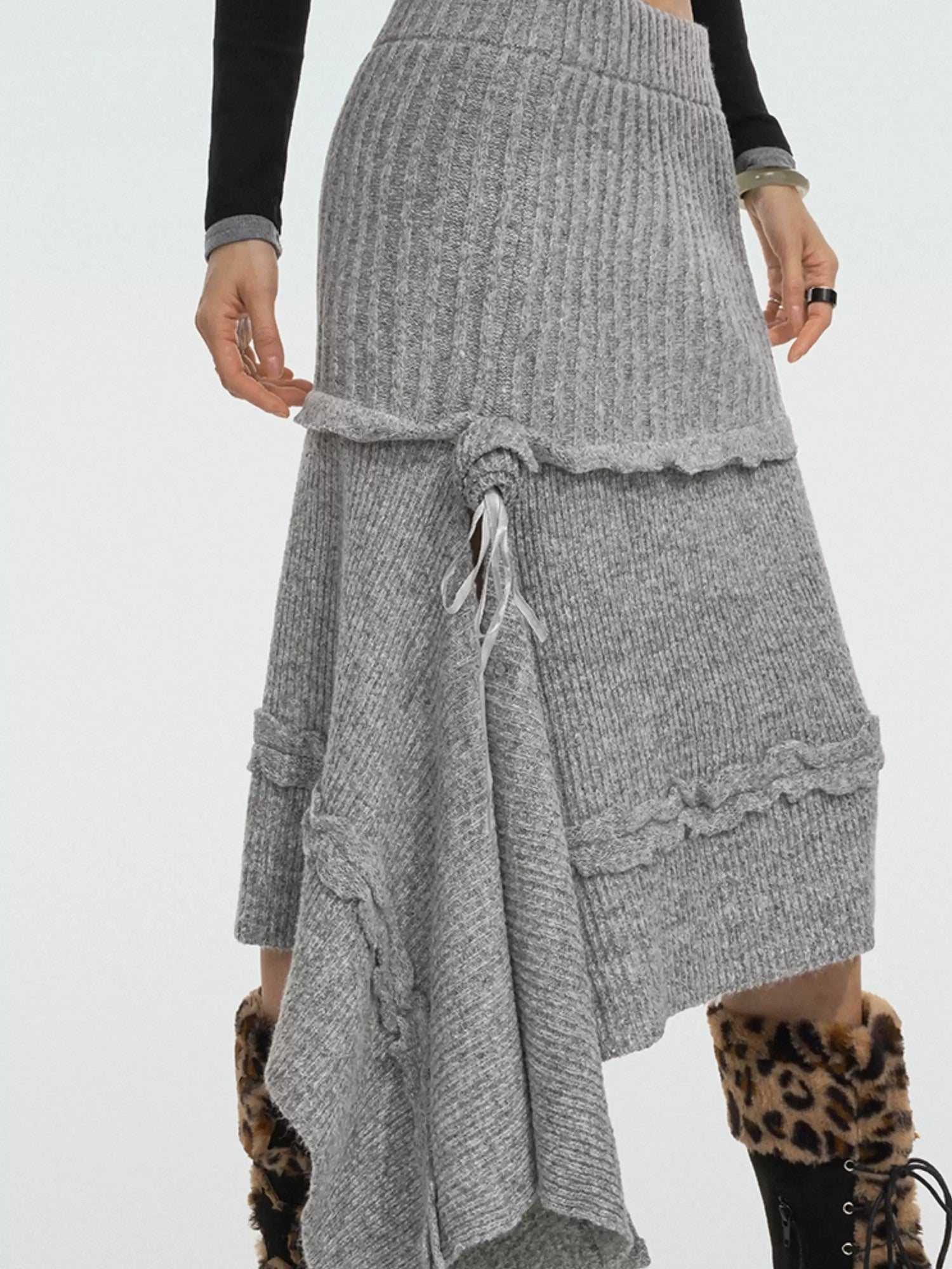 Nico Molly Rose Ribbon Asymmetric Vintage A Line Women's Knitted Solid Midwaist Maxi Skirts