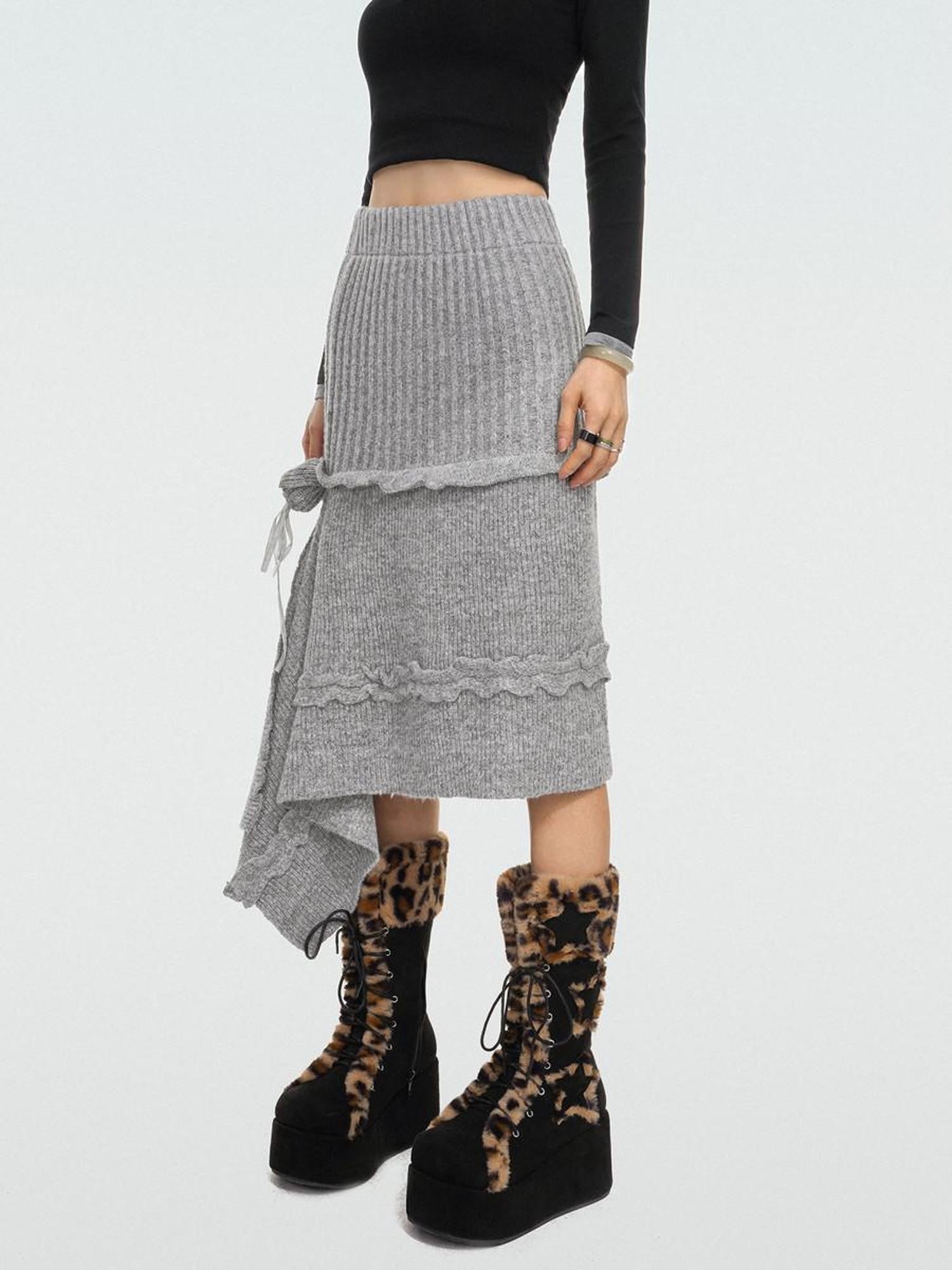 Nico Molly Rose Ribbon Asymmetric Vintage A Line Women's Knitted Solid Midwaist Maxi Skirts