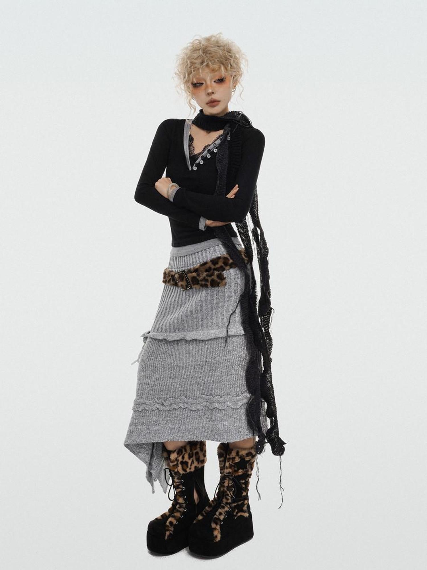 Nico Molly Rose Ribbon Asymmetric Vintage A Line Women's Knitted Solid Midwaist Maxi Skirts