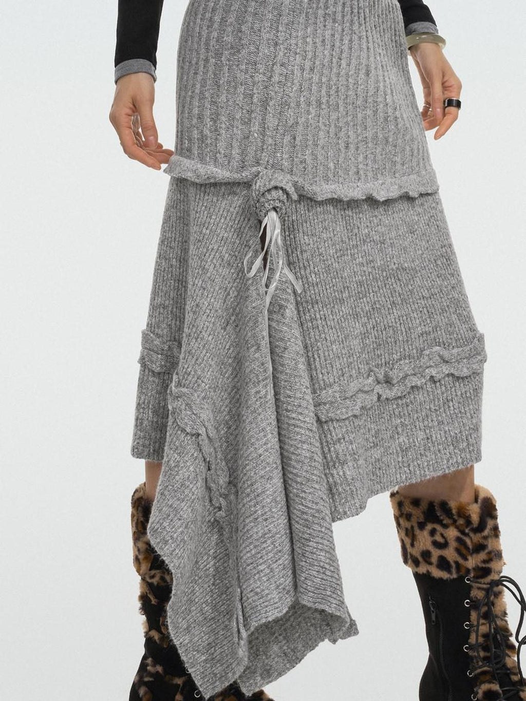 Nico Molly Rose Ribbon Asymmetric Vintage A Line Women's Knitted Solid Midwaist Maxi Skirts