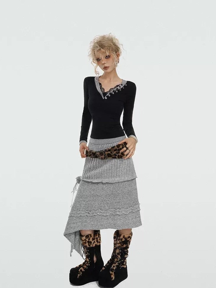 Nico Molly Rose Ribbon Asymmetric Vintage A Line Women's Knitted Solid Midwaist Maxi Skirts