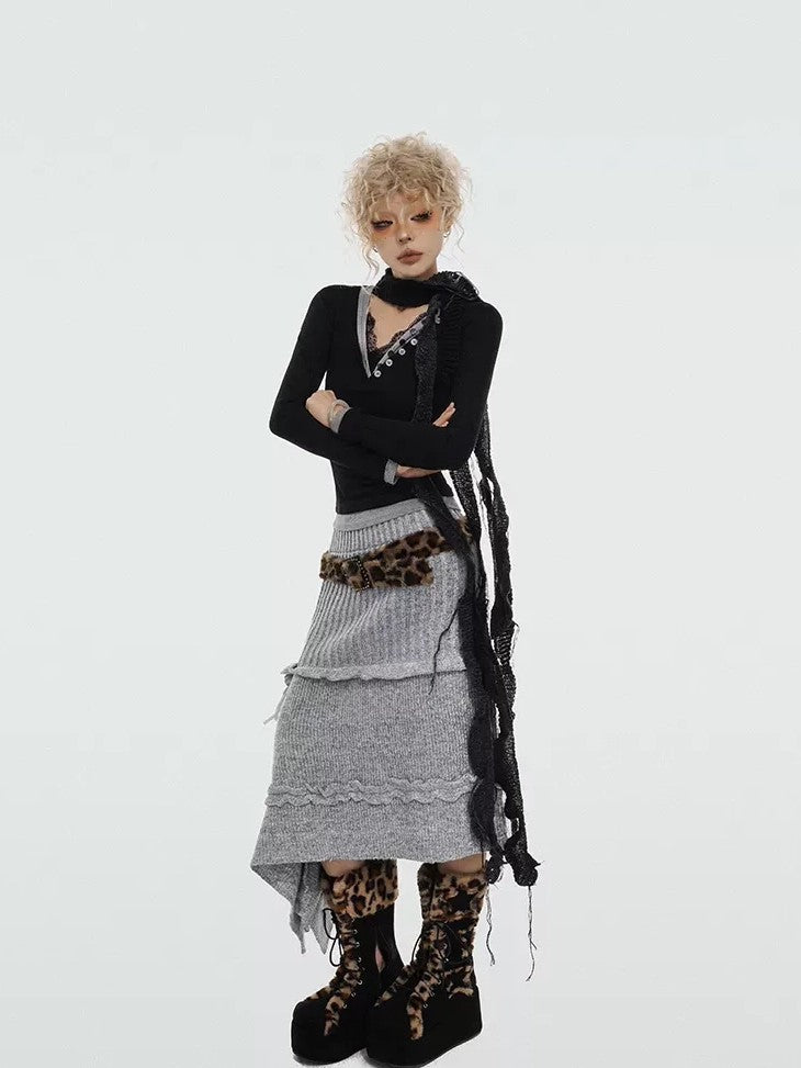 Nico Molly Rose Ribbon Asymmetric Vintage A Line Women's Knitted Solid Midwaist Maxi Skirts
