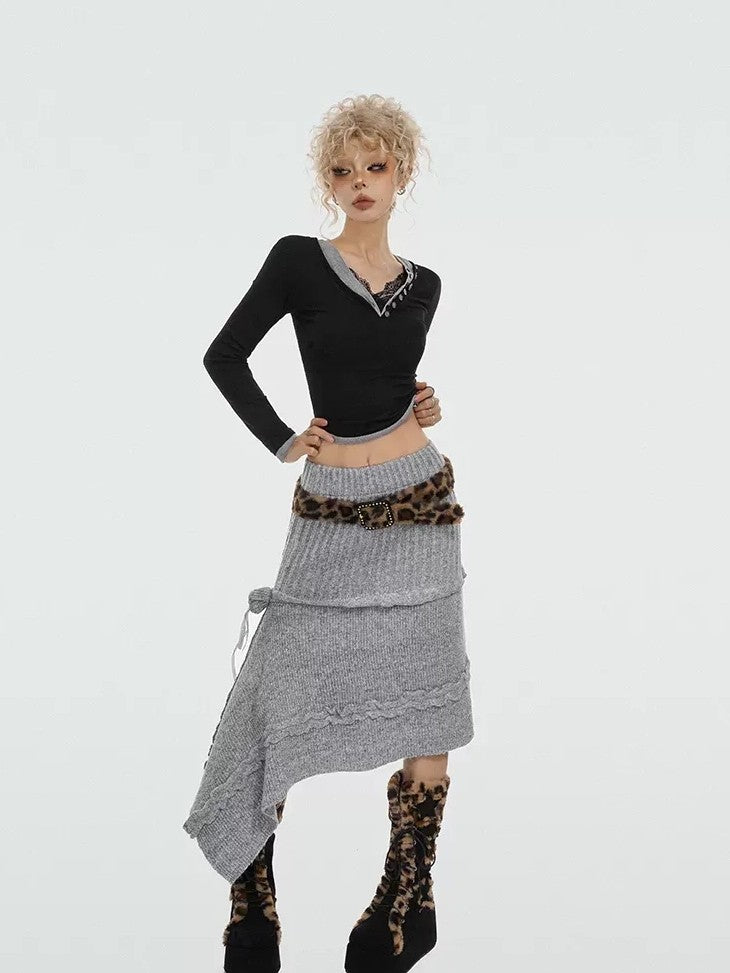 Nico Molly Rose Ribbon Asymmetric Vintage A Line Women's Knitted Solid Midwaist Maxi Skirts