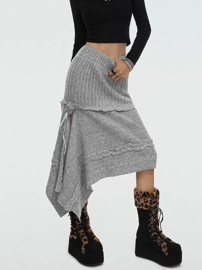 Nico Molly Rose Ribbon Asymmetric Vintage A Line Women's Knitted Solid Midwaist Maxi Skirts