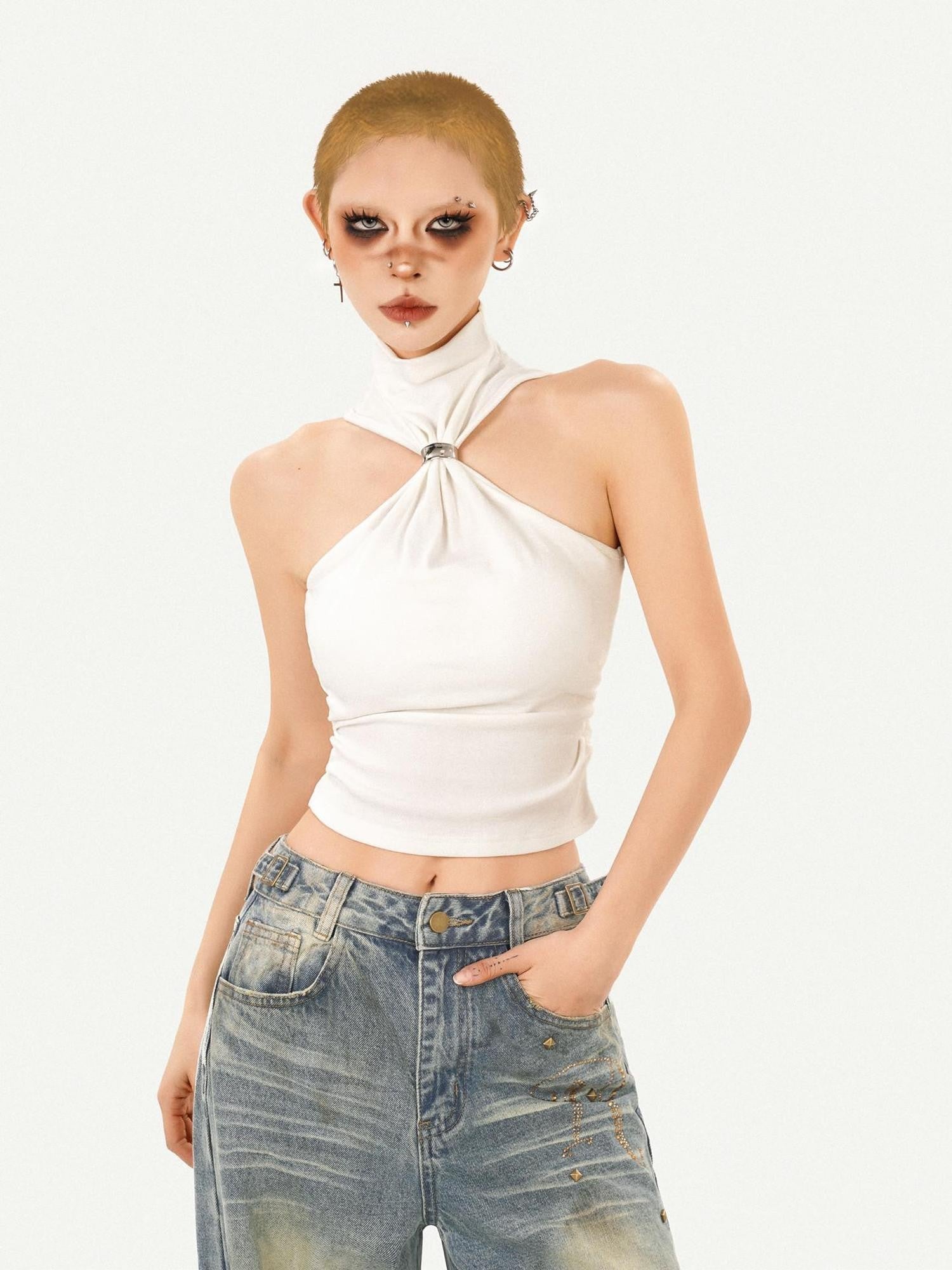 Nico Molly Sexy Halter Shoulder Cutout Slim Fit Padded Women's Solid Tank Tops